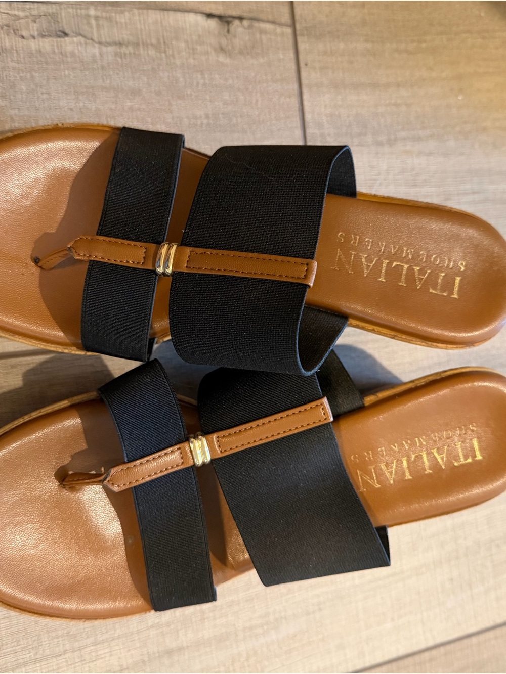 Italian Shoemakers Black and Brown Elastic Slide Sandals with Gold Accent